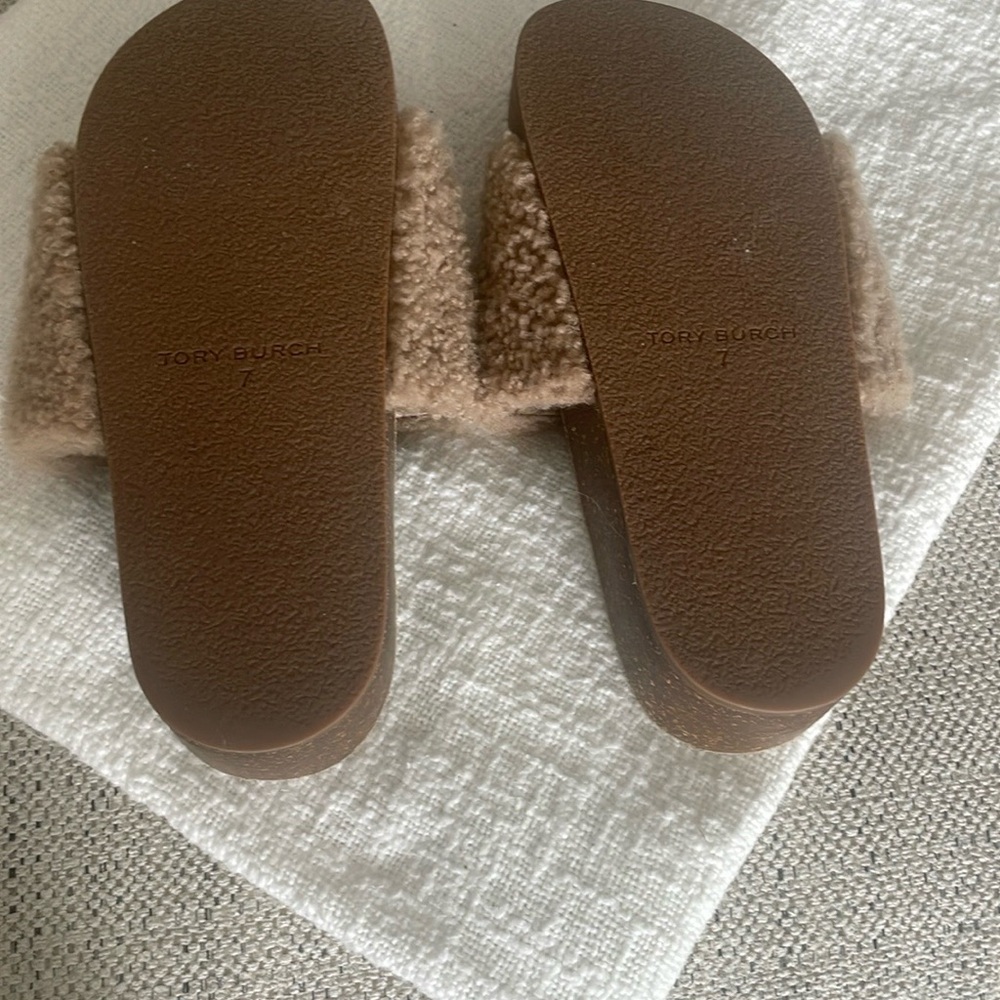 Tory Burch Fuzzy Brown Slide Sandals - Picture 4 of 5